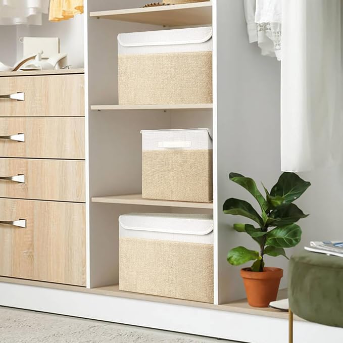 Bagnizer Large 22 Quart Linen Fabric Foldable Storage Bin Cube Organizer Basket with Flip-Top Lid & Handles, Clothes Blanket Box for Home, Office, Closet, Beige & White, 4 Pack 14.6 x 9.5 x 9.5” - Image 7