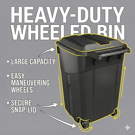 32 Gallon Outdoor Trash Can with Lid, Heavy-Duty Wheeled Garbage Bin for Backyard, Deck or Garage, Black, Can with Attached Snap Lock Lid and Heavy-Duty Handles (32 Gallon) - Image 2