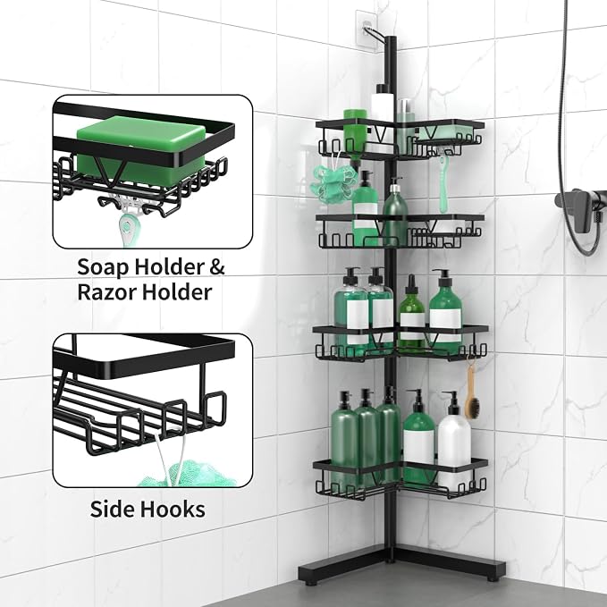 DAOYA Standing Shower Caddy Corner - 4-Tier Floor Shower Caddy Corner Adjustable Bathroom Organizers and Storage with Soap Holder & Razor, Bathroom Free-Standing Organizer for Large Bottles - Image 4