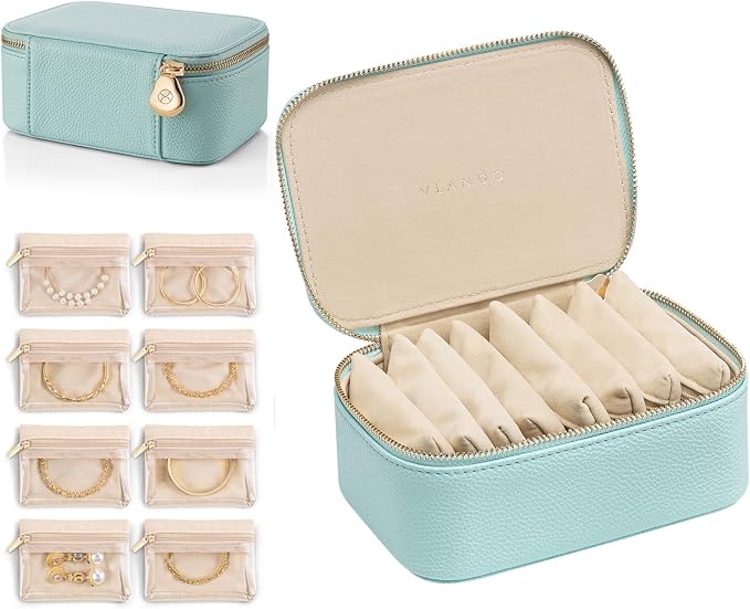 VLANDO Travel Jewelry Box Organizer – Portable PU Leather Jewelry Case with 6/8/12 Zippered Pouches, Compact Storage for Earrings Rings Necklaces Bracelets, Aqua Blue by VLANDO