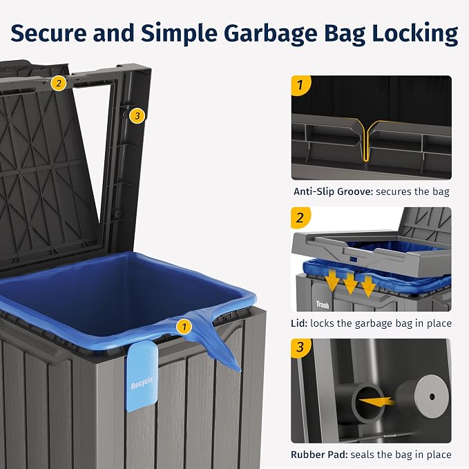 EAST OAK 31 Gallon Outdoor Trash Can | Waterproof Resin Garbage Can with Recycle and Garbage Labels | Secure Bag Lip Lock and Drip Tray | Outside Trash Bin for Patio | Kitchen, Backyard or Deck | Gray - Image 5