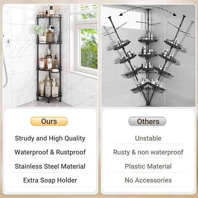 ELYKEN Corner Shower Caddy Standing, 4 Tier Rustproof Metal Shower Organizer with Soap Holder, Floor Shower Corner Shelf Rack Storage Stands with Adjustable Feet & 2 Hooks for Bathroom, Black - Image 7