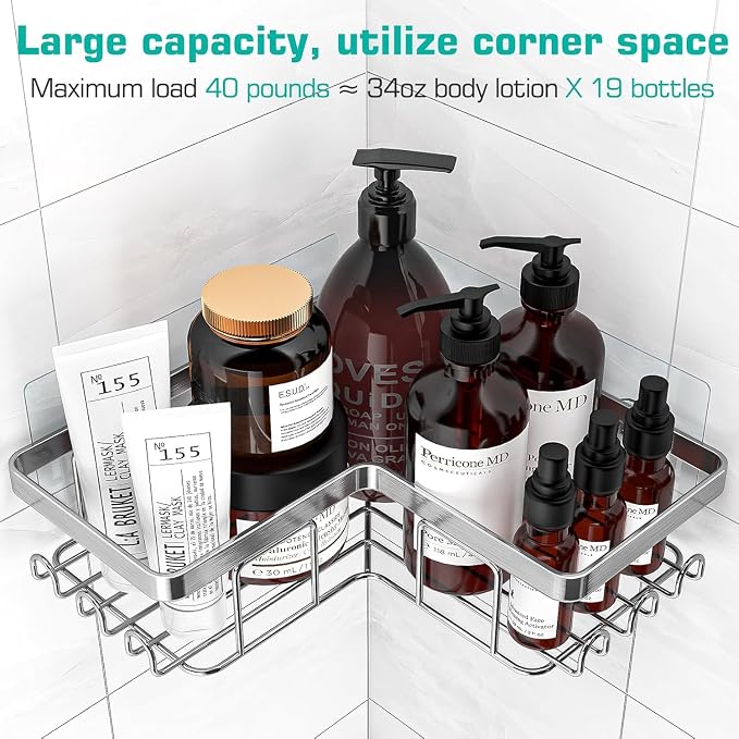 YASONIC Corner Adhesive Shower Caddy, with Soap Holder and 12 Hooks, Rustproof Stainless Steel Bathroom Organizer, No Drilling Wall Mounted Rack, Brushed Silver, 3-Pack - Image 2