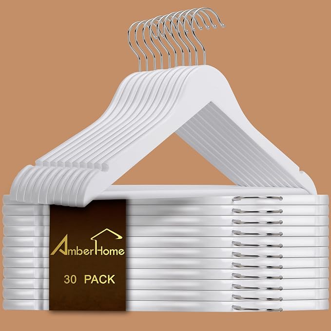 Amber Home 30 Pack White Wooden Coat Hangers, White Wood Suit Hangers with Non-Slip Pant Bar, Clothes Hangers for Closet Organization, Shirts, Jackets, Dresses, and Pants (White, 30) by AmberHome