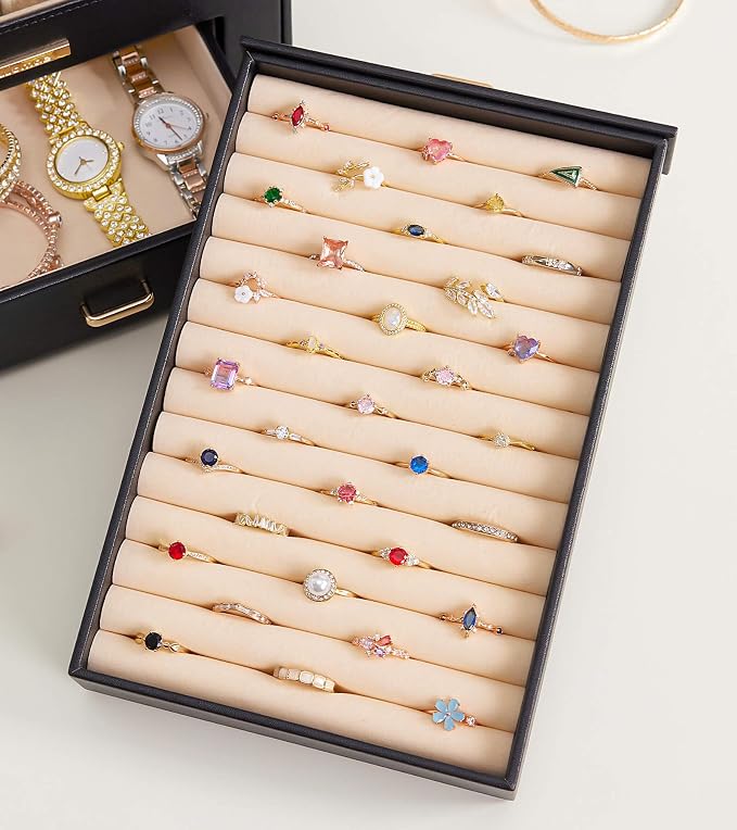 Homde Jewelry Organizer with Transparent Window Necklace Hooks Gift for Women Jewelry Box Display Case for Necklaces Rings Earrings Bracelets and Other Jewelry Accessories (Black + Gold) - Image 8