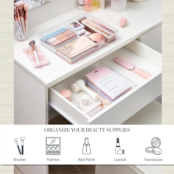 STORi SimpleSort 2-Piece Stackable Clear Drawer Organizer Set | 12" x 9" x 2" Rectangle Trays | Wide Makeup Vanity Storage Bins and Office Desk Drawer Dividers | Made in USA - Image 3