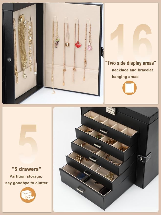 BOOVO Jewelry Box For women, 6 Layer Large Jewelry Organizer With Mirror, Multi-Function Storage Box With Lock, Necklace Holder With 5 Drawers, For Earrings Necklace Bracelet (Silver and Black) - Image 3