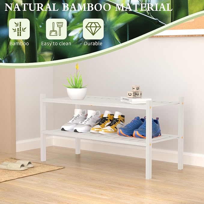 ROMGUAR CRAFT 2 Tier Bamboo Shoe Rack for Closet Free Standing Wood Shoe Shelf for Entryway Small Space Stackable 27"x11"x13" (White) - Image 6
