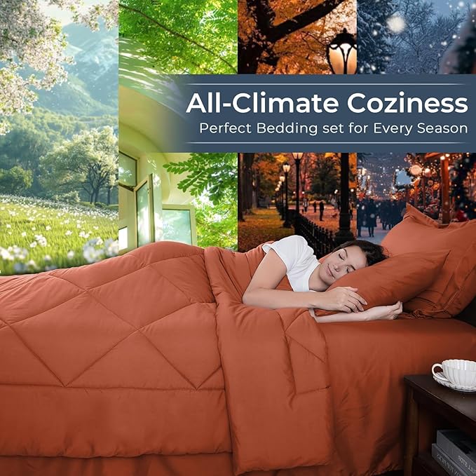 HEVUMYI Burnt Orange Twin Comforter Set - 5-Piece All Season Bed in a Bag Twin, Ultra Soft Bedding Set with Comforter, Flat Sheet, Fitted Sheet, Pillowcases, Pillow Shams