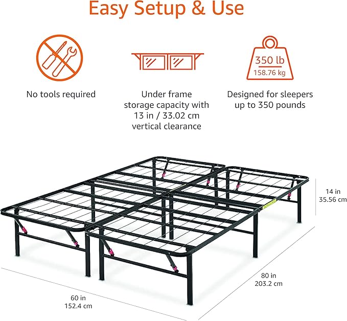 Amazon Basics Bed Frame with Storage, Foldable Metal Platform, Sturdy Steel, No Box Spring Needed, 14-inch High, Tool-Free Setup, Noise Free, Easy Assembly, Queen Size, Black
