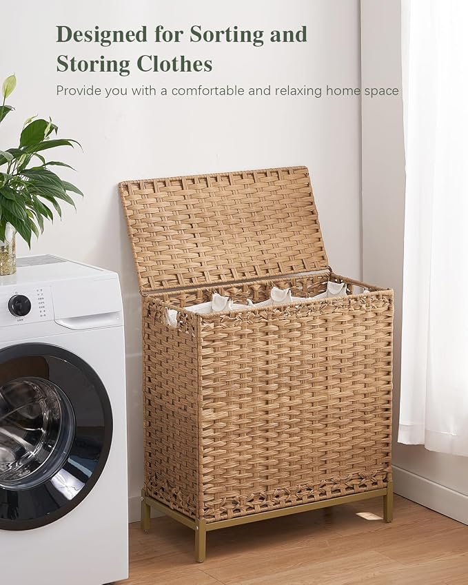 SETVSON Laundry Hamper with Lid 132 L, (35 Gallons) Clothes Hamper with Lid, Handwoven Rattan Laundry Hamper with Metal Heightened Feet, Laundry Hampers with 3 Removable Liner Bags for Laundry-Natural - Image 6