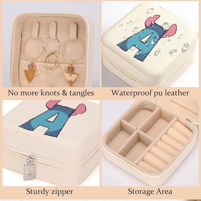 LONGXIN Cute Cartoon Gifts, Initial Travel Jewelry Case Small Jewelry Box Organizer, Personalized Gifts for Women Teen Girls, Birthday Christmas Gifts for Cartoon Lovers, Letter A - Image 3