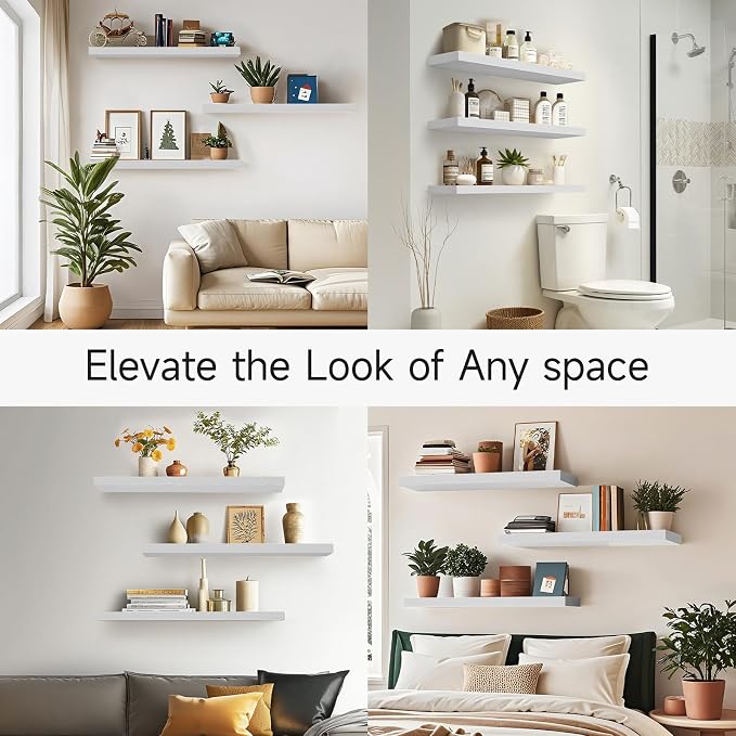 BAYKA White Floating Shelves for Wall, Set of 3, 36 Inches Long Wall Mounted Rustic Wood Shelves for Bathroom, Bedroom, Living Room or Kitchen, Hanging Shelf for Book/Storage/Decor, 30lbs Capacity - Image 6