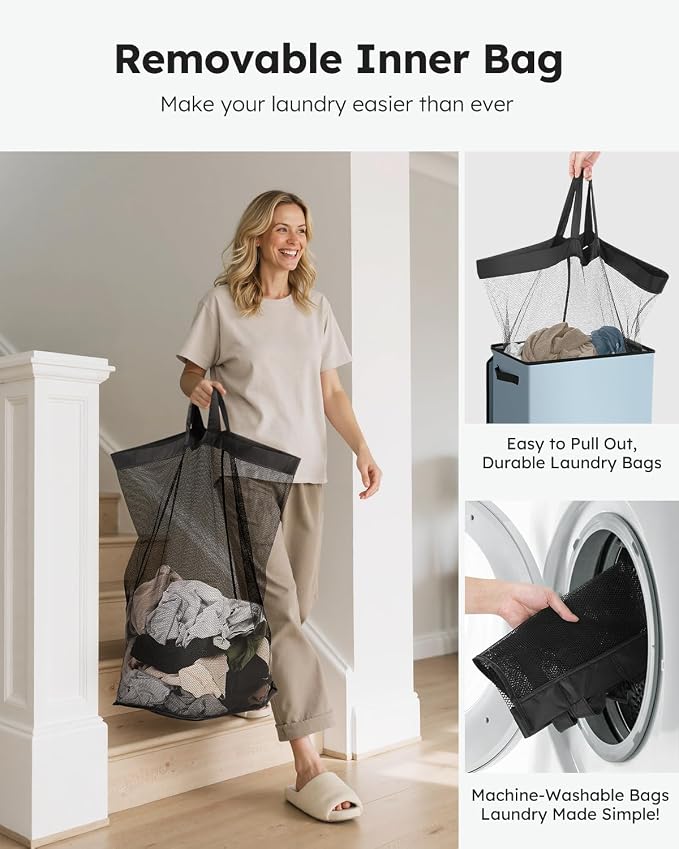 SOLEDI Laundry Hamper with Lid 90L Large & Tall Collapsible Laundry Basket, Clothes Hamper with Bag Removable Easy to Carry, Dirty Hampers for Bedroom, Bathroom, Dorm, College, Blue Grey - Image 4