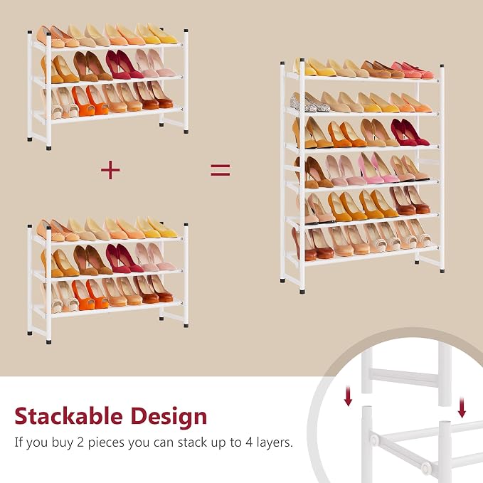 Tajsoon Expandable Shoe Rack for Closet 3 Tier, 28“-41“Adjustable & Stackable Shoe Shelf Storage, Metal Shoe Rack Organizer for Front Door Entrance, Closet, Garage, Entryway, White - Image 6