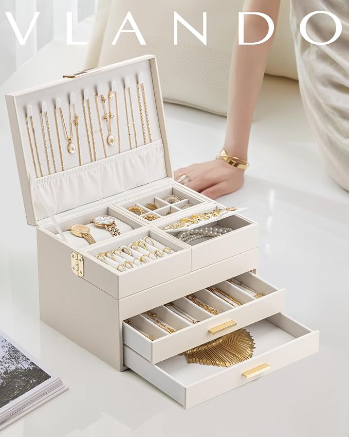 VLANDO 4 Layers Jewelry Box - Women Jewelry Box with Retractable Tray - Jewelry Organizer with Drawer for Necklaces, Rings, Bracelets, Earrings, Valentines Gift for Mom Girls - Cloud White - Image 8