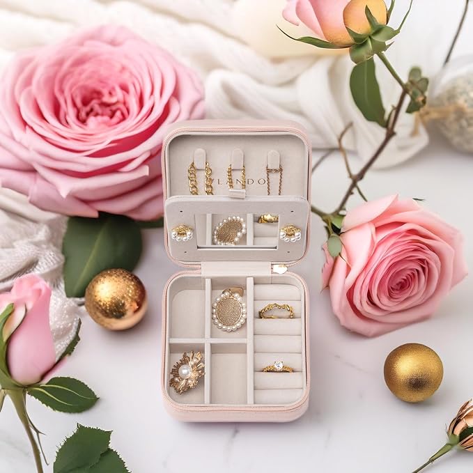 Vlando Small Travel Jewelry Box Organizer - Mirrored Jewelries Necklaces Rings Earrings Necklace Storage Case, Pink - Image 7