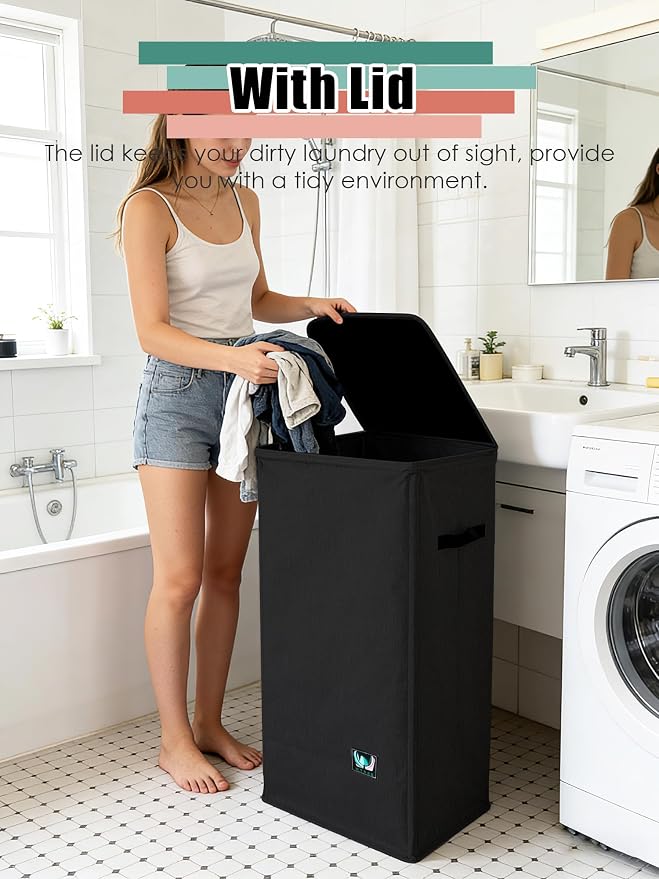WTREE Laundry Hamper with Lid, Reinforced Sturdy Clothes Hamper with Anti-Puncture Base, Large Collapsible Laundry Basket with Removable Liner Bag, Tall Dirty Clothes Bin for Family, 100L Black - Image 2