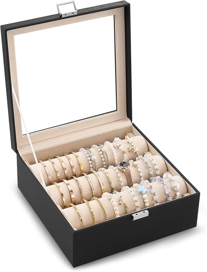 Lolalet Bracelet Display Holder with Rods for Bangles Watches, Clear Lid Jewelry Organizer Box Storage Case for Mothers Day Gifts -Black, 3 Rolls by Lolalet