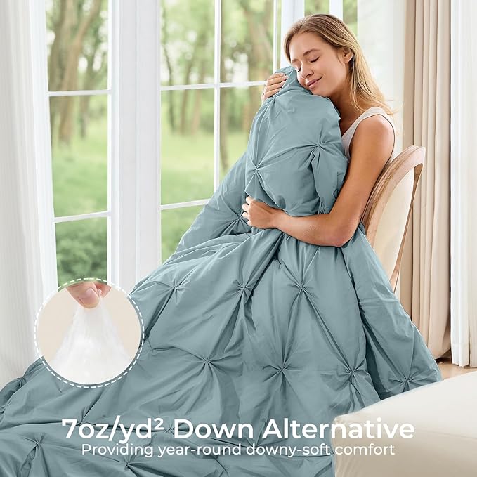 Sasttie King Size Comforter Set, 7-Piece Bed in a Bag, Pintuck Bedding Sets for All Season, Includes Comforter, Flat Sheet, Fitted Sheet, Pillowcases and Pillowshams, Greylish Blue
