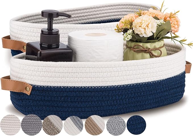 Set of 2 Toilet Basket,Woven Storage Basket for Toilet Tank Top Farmhouse Home Decor Organizing Baskets 13"x5.9"x4" Navy Stitching White by Oradrem