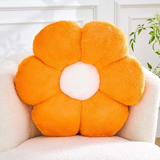 Kcvvcr Flower Pillow Cute Decorative Throw Pillow with Faux Rabbit Fur Soft Daisy Plush Floor Cushion Aesthetic Flower Shaped Pillow Home Decor for Bed Sofa Couch (Orange 19.6 Inch)