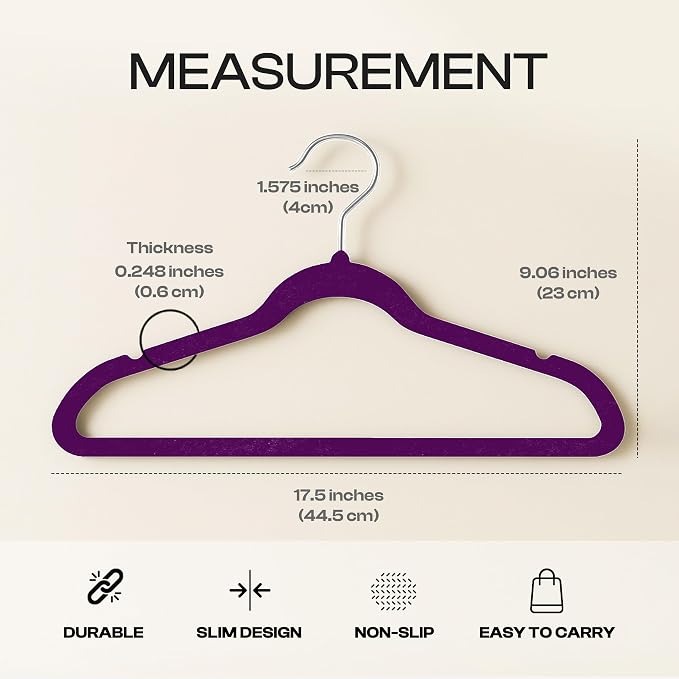 Utopia Home Velvet Hangers 50 Pack – Luxury Non-Slip Slim Pant & Coat Hangers, Strong Space-Saving Clothes Hangers with Pants Bar and 360° Swivel Hook – Purple - Image 2