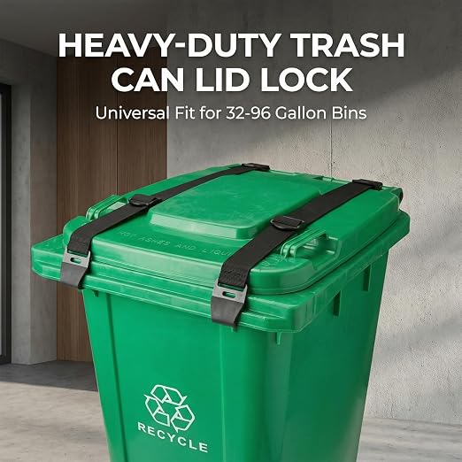 2PCS Bear Proof Trash Can Locks with Double Metal Claw - Adjustable Strap Garbage Can Locks for 28-96 Gallon Outdoor Bins, Animal Proof Against Raccoons - Black - Image 2