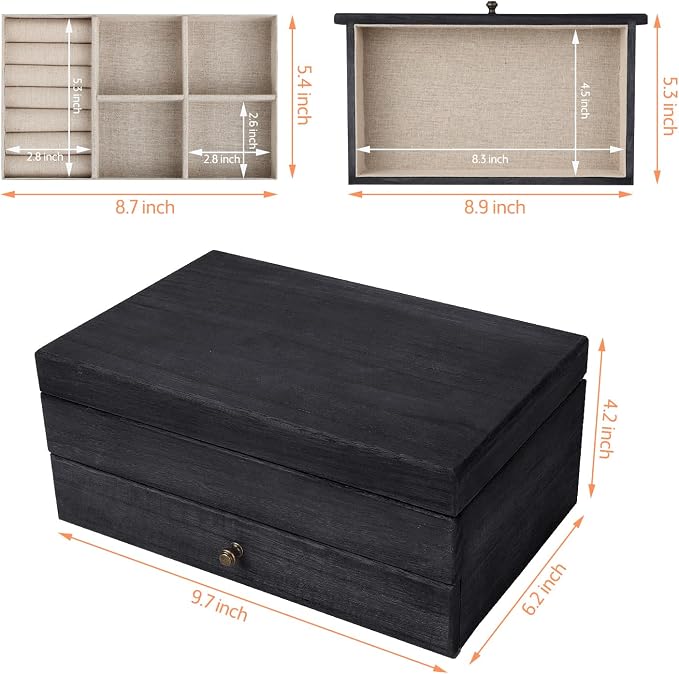 Meangood Jewelry Box Organizer for Women, 2 Layer Large Jewelry Storage Case, Rustic Wooden Jewelry Box with Mirror & Ring Tray for Necklace Earring Bracelets Rings, Vintage Style (Black) - Image 7