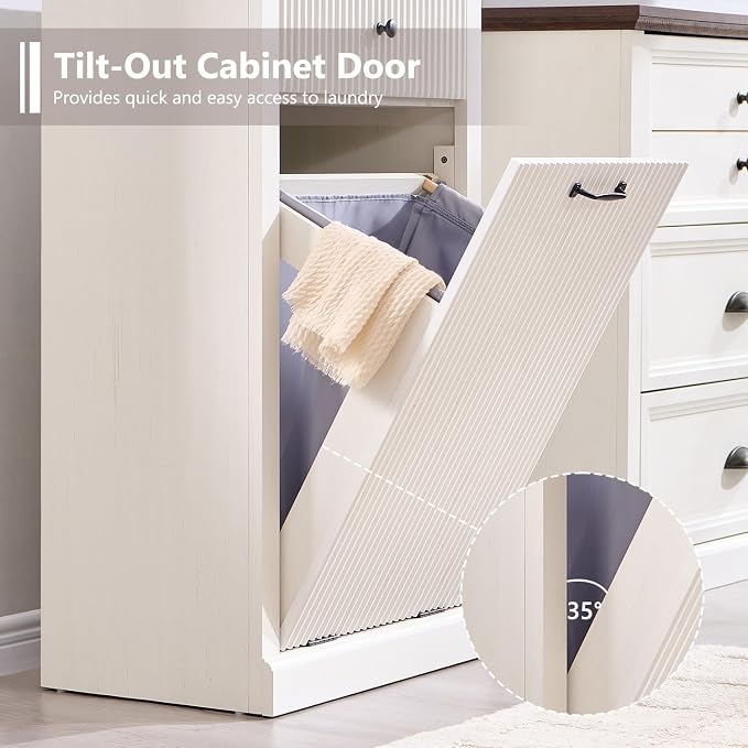 IFBUY Modern Tilt-Out Laundry Hamper Cabinet, 10 Gallon Fluted Trash Can Cabinet with Drawer, Wooden Hidden Garbage Can Cabinets with Laundry Basket, Free Standing for Bathroom and Kitchen, White - Image 4