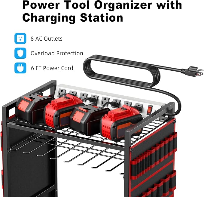 JUNNUJ Large Power Tool Organizer Cart with Charging Station, Garage Floor Standing Rolling Drill and Tools Battery Storage Cart on Wheels, Heavy Duty Utility Rack Shelf with 8 Outlet Power Strip, Red - Image 2