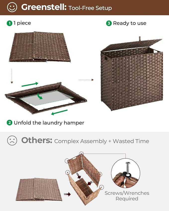 Greenstell Laundry Hamper with lid, No Install Needed, 130L Wicker Laundry Baskets Foldable 2 Removable Liner Bags, 2 Section Clothes Hamper Handwoven Rattan Laundry Basket with Handles, Brown - Image 5