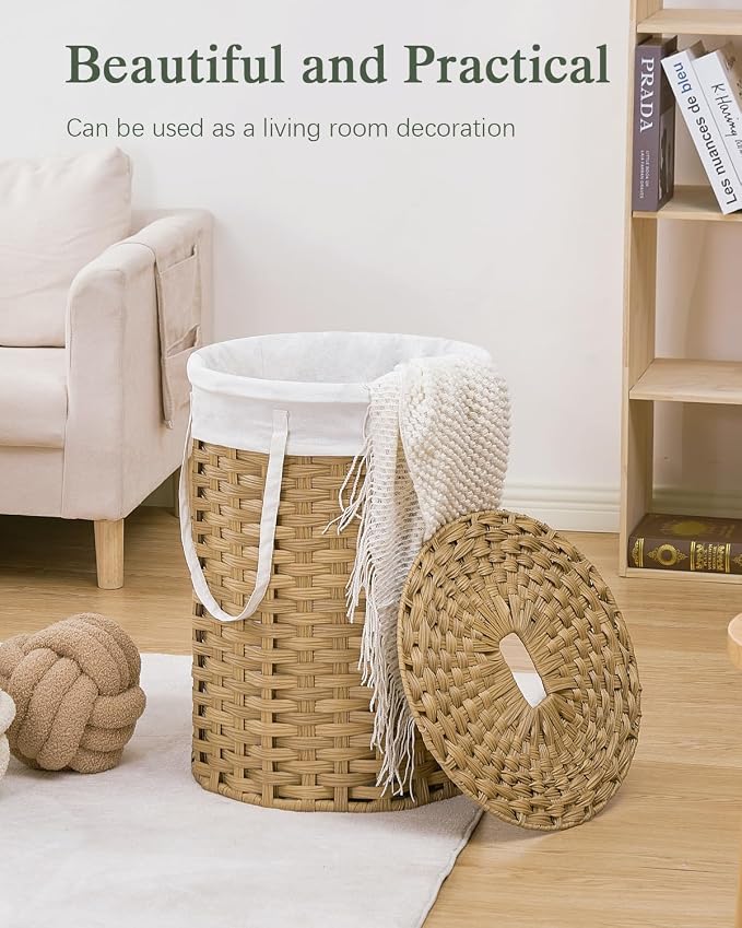 SETVSON Laundry Hamper with Lid Laundry Basket with Lid 19.0 Gal (72 L) Round Wicker Laundry Basket Handwoven Rattan Hamper Removable Bag 2 Mesh Bags Handles for Living Room Bathroom Natural - Image 7