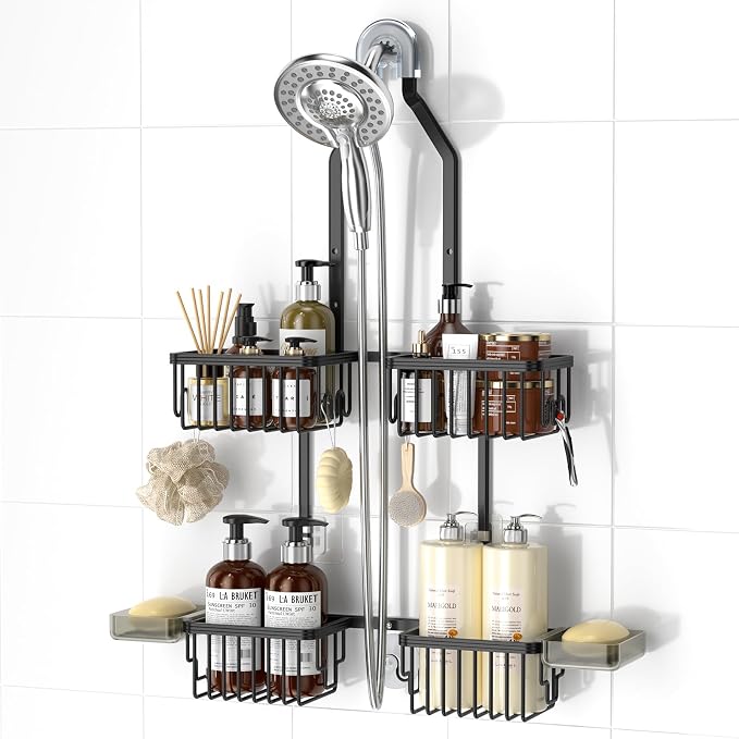 REINHARDT Aluminum Shower Caddy Hanging Adjustable Shower Caddy, Rustproof Hanging Shower Organizer with Hooks Soap Holders, Over Shower Head Caddy for Handheld Showerhead, Black by REINHARDT