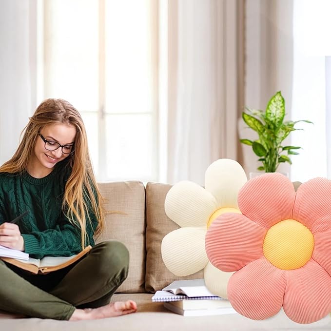 3Pcs Flower Pillow - Flower Shaped Throw Pillow Seating Cushion, Cute Daisy Flower Pillow Floor Pillows for Adults Kids Home Bedroom Sofa Chair Couch Decor (White/Pink/Purple, 15.74 in+19.68 in)