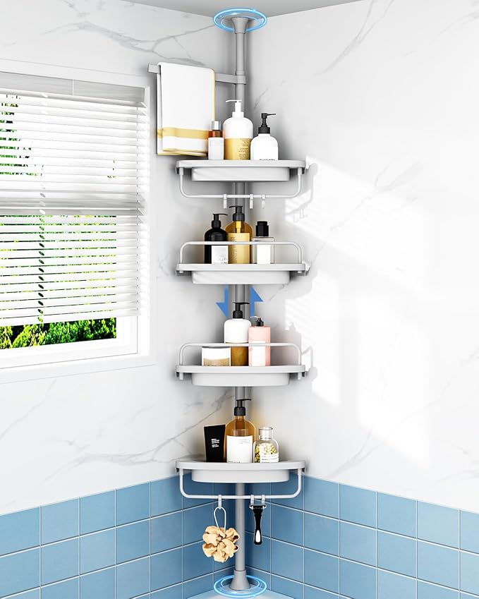 ALLZONE Corner Shower Caddy Tension Pole, Extendable Rustproof Stainless Steel Pole & 4-Tier Adjustable Shelves for Easy Drainage and Built-to-Last Stability, 34 to 116 Inches, Grey by ALLZONE