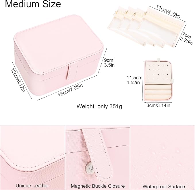 2 Layer Portable Jewelry Box, Large Jewelry Travel Case with 4 Jewelry Pouches, Medium Size Jewelry Organizer Box for Earrings, Necklaces, Bracelets (light pink) - Image 2