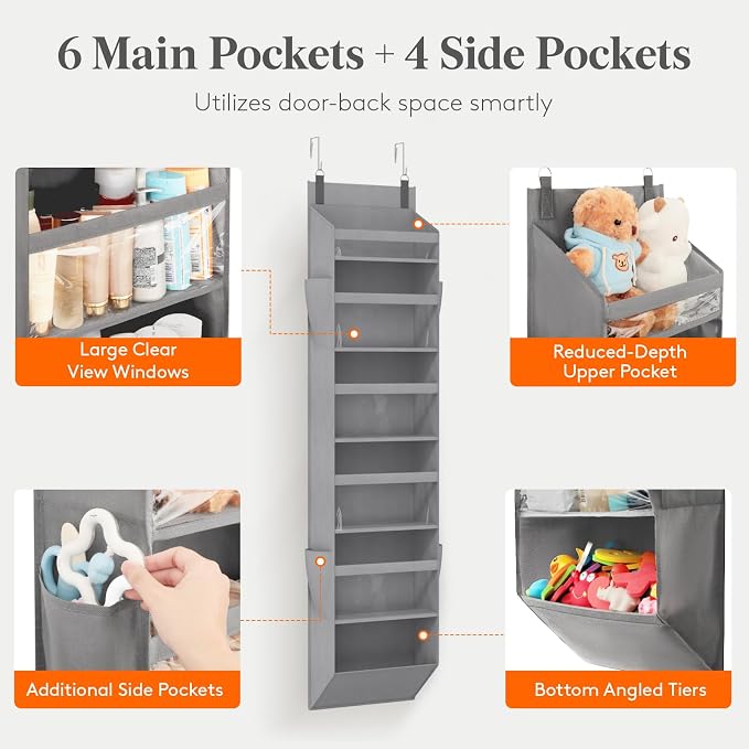 Lifewit 1 Pack Over the Door Organizer, 6 Section Clear Window Hanging Storage with 4 Side Pockets, Sturdy Anti Tilt 40 lbs Load Behind Door for Closet, Bedroom, Bathroom, Nursery, Dorm, Light Gray - Image 3