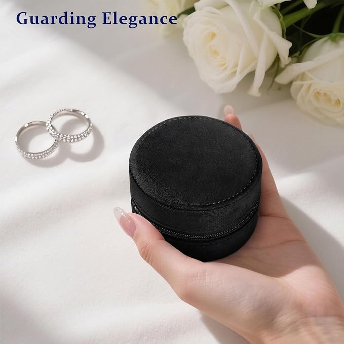 CONBOLA Travel Jewelry Case Small Jewelry Box for Women Girls,Round Velvet Mini Jewelry Travel Organizer,Portable Jewelry Box for Rings Earrings Necklaces Bracelets.(Black,Small) - Image 2