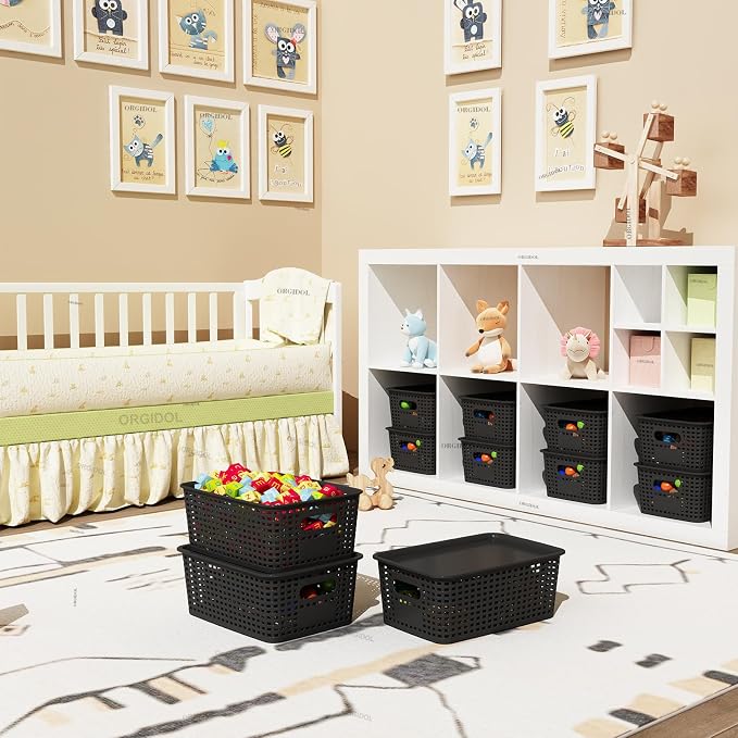 ORGIDOL Plastic Storage Basket with Lids 12 Pack Stackable Black Storage Bins Containers with Lid, Decorative Storage Boxes for Organizing Shelves, Drawers, Playroom, Classroom, Office, Closet - Image 2