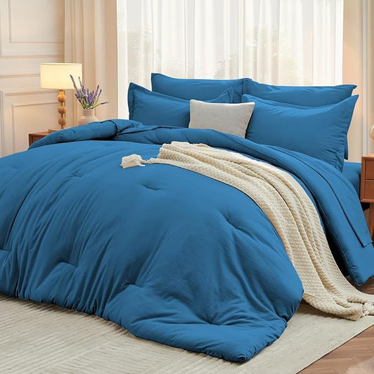 MUXHOMO 5 Pieces Twin XL Comforter Set, Soft Bed in a Bag Twin XL Size, All Season Bedding Set with Comforter, Flat Sheet, Fitted Sheet, Pillowcases & Shams, Bluish Green