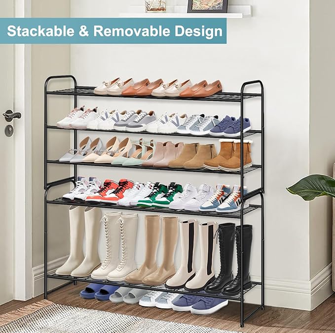 AOODA Long 3 Tier Metal Shoe Rack for Closet Wide Stackable Shoe Storage Organizer for Entryway, Bedroom, Floor, 24-Pairs Men Sneakers Shoe Shelf with Wire Grid, Black - Image 6