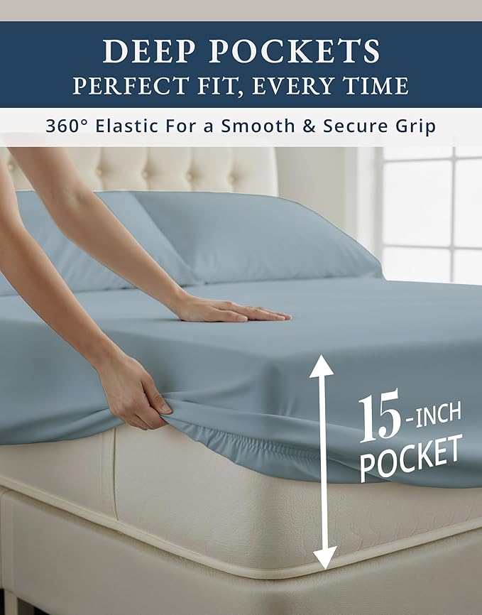LANE LINEN 100% Egyptian Cotton Split King Bed Sheets for Adjustable Beds - Mercerized Cotton, Sily Finish, No Pill Fade Resistant Split King Bedding Sheets & Pillowcases - French Blue
