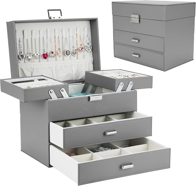 Dajasan Jewelry Organizer Box, Large Jewelry Boxes for Women Girls, Space-Saving 4 Layers Jewelry Storage Case with Drawer, Movable Metal Stand, Modern, Gift Idea (Grey) by DAJASAN