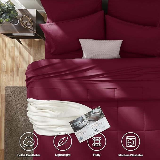 CozyLux Queen Comforter Set Burgundy, 7 Pieces Bed in a Bag, Red Comforters Queen Size, All Season Bedding Sets with Stitch Quilted Comforter, Flat Sheet, Fitted Sheet, Pillowcases