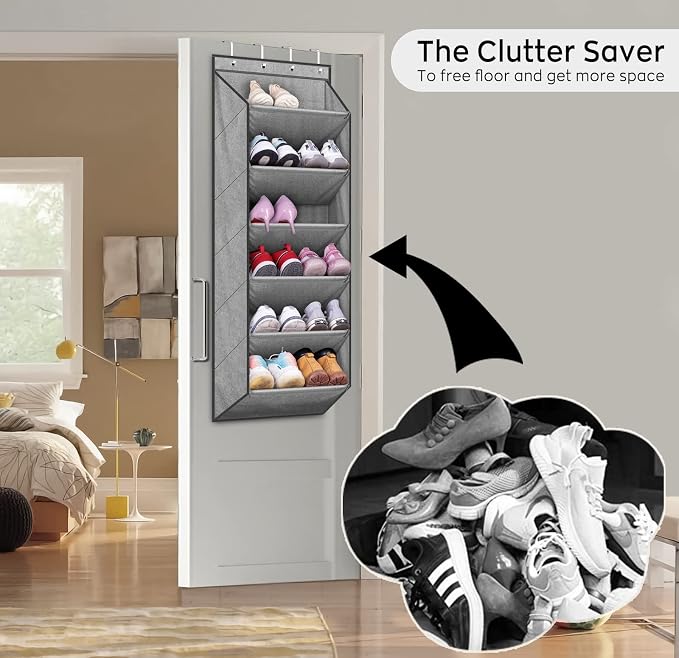 SLEEPING LAMB Shoe Rack for Door with Large Deep Pocket, Over The Door Shoe Organizer for Closet, Dorm and Narrow Hanging Sneaker Storage Holder, Grey - Image 6