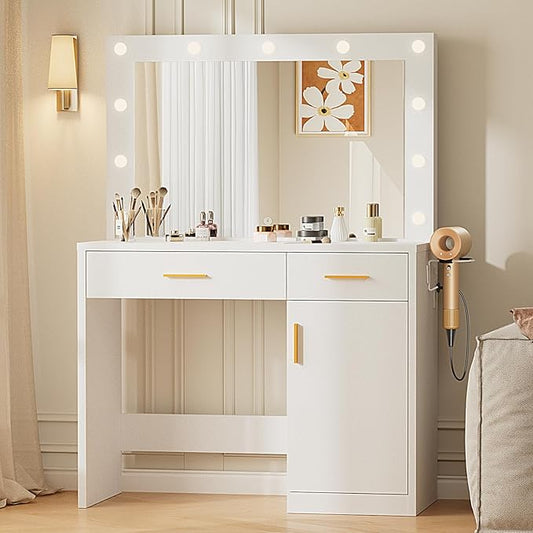 Sweetcrispy Vanity Desk with Mirror and 11 LED Lights, Makeup Vanity Table with Charging Station (2AC/USB/C), Dressing Table with 2 Drawers & Large Cabinet, 3 Lighting Color Adjustable, White