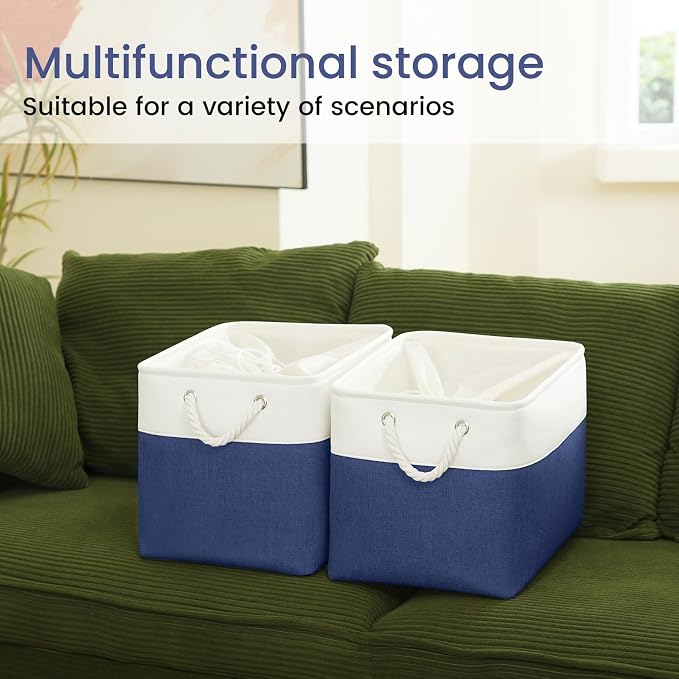 Large Storage Baskets- 16x12x12 inch Storage Bins for Shelves and Closet Organizing, Foldable Fabric Bin for Home Organization Clothes and Laundry (1-Pack, White&Blue) - Image 6