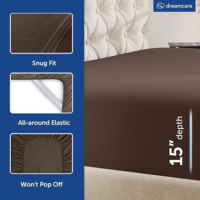 DREAMCARE Queen Sheet Set - 6 pcs Breathable Cooling Bed Sheets - up to 15" Deep Pocket Queen Sheets Set with Side Pockets - Extra Soft 100% Brushed Hypoallergenic Hotel Luxury Bedding -Mocha Brown
