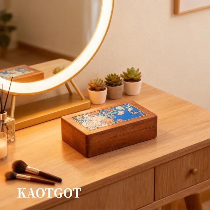 Travel Jewelry Case Small Wood Jewelry Organizer Jewelry Box for Women (Nut-Brown Print F) - Image 5